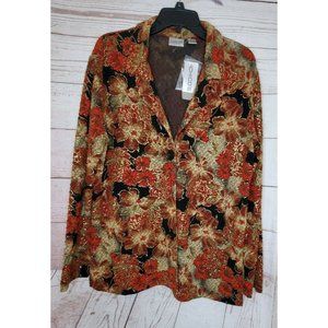 Chicos Burgundy 1 Button Burgundy Black Floral Women Designer Decorative Blazer